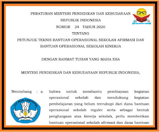 Permendikbud No 24 Tahun 2020 : JUKNIS BOS AFIRMASI DAN BOS KINERJA