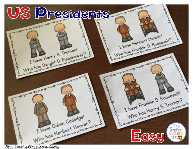 I Have, Who Has? U.S. Presidents Cards, Teacher Directions and a Teacher Answer Key. Including all the presidents from George Washington to Donald Trump. Total of 1 Teacher Direction Sheet, 88 President Cards, and 2 Teacher Answer Keys comes with this resource. An easy version with names only and a more challenging version with names and numbers. Perfect for indoor recess, whole group reading or tutoring after school, add a little fun to your Presidents' Day week.