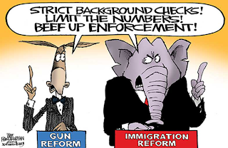 image: cartoon by Walt Handelsman, "Strick Background Checks"