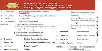 Foreman - Wood Workshop,Assistant Engineer,Head Draftsman - Civil and Assistant Engineer - Electrical Job Opportunities