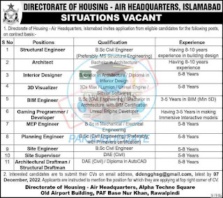 Latest Pakistan Air Force PAF Air Headquarters Islamabad Jobs 2022