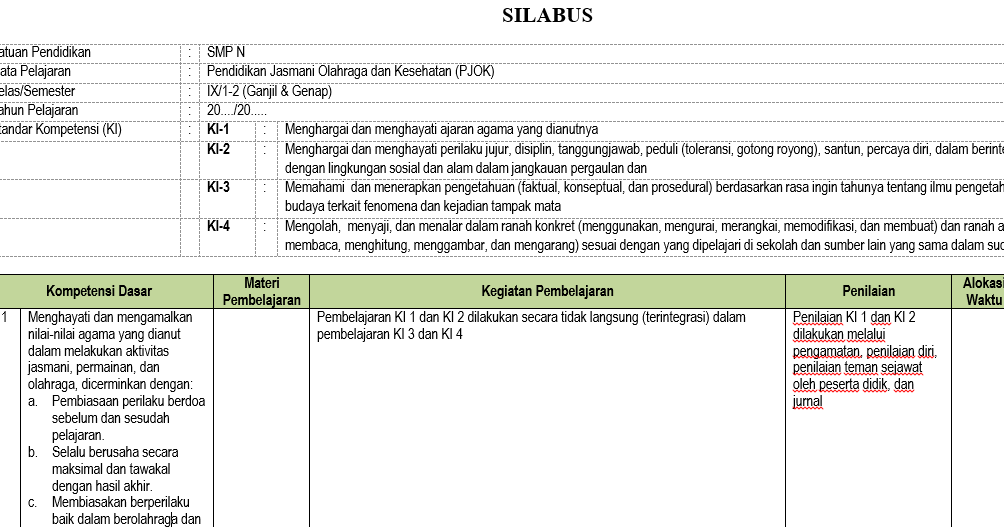 Silabus PJOK SMP /MTs Kls 9 Semester 1 dan 2 K13 Revisi ...