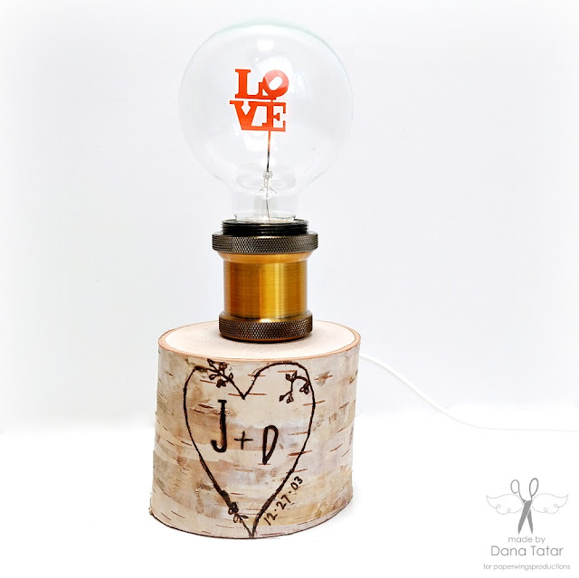 Wood Burned Carved Love Birch Pillar Lamp by Dana Tatar for Paper Wings Productions