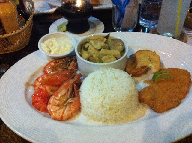 Seabass, green curry, prawns and garlic bread, Karon, Thailand