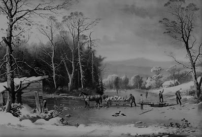 Currier and Ives art featuring ice skating scene