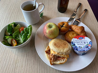 Breakfast: English muffin with egg and bacon, assorted pastries