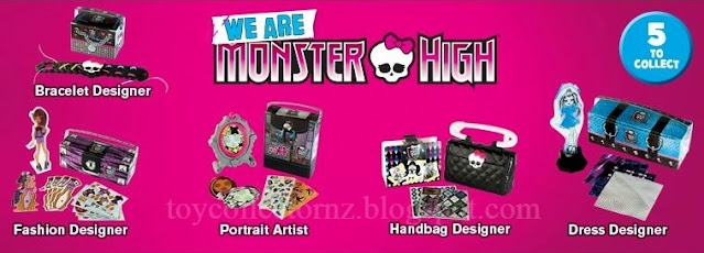 McDonalds Monster High Happy Meal Toys 2015 Australia and New Zealand Set of 5 including Bracelet Designer, Fashion Designer, Portrait Designer, Handbag Designer and Dress Designer