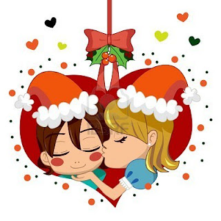 Pareja en navidad bajo el muérdago con corazones