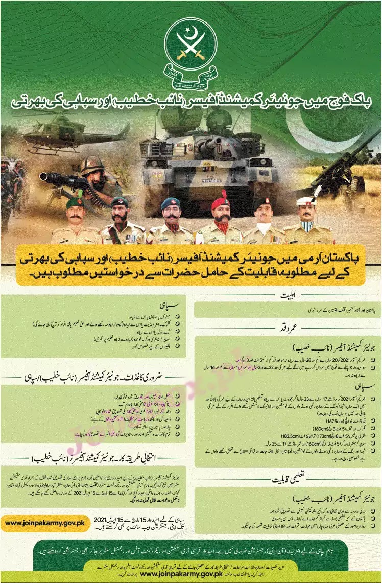 New Army Jobs 2021 - Sipahi Jobs 2021 - Naib Khateeb Jobs 2021 - Pakistan Army Jobs 2021 Matric Base - Pakistan Army Jobs 2021 Online Registration - New Pak Army Jobs 2021 Online Registration :- www.joinpakarmy.gov.pk