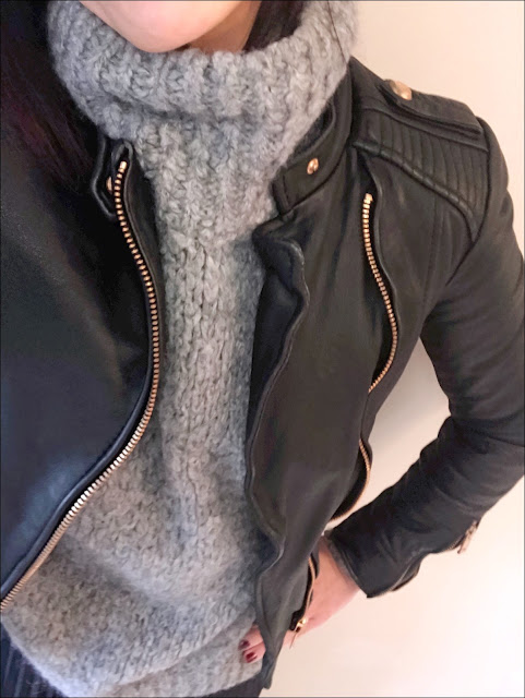 My Midlife Fashion, zara chunky knit poloneck jumper, zara leather biker jacket, hm pleated midi skirt, boden studded flat shoes