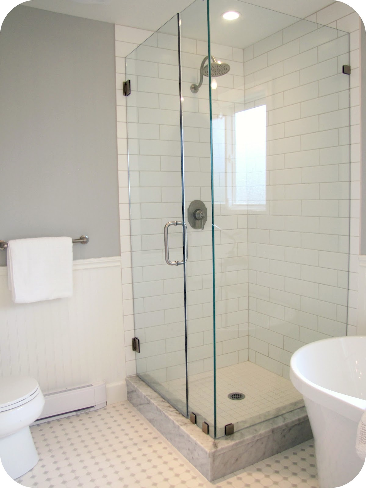 glass shower walls White and Grey Bathroom Renovation/Makeover (Carrera Marble, Hex Tile 