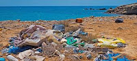 The image shows a large pile of trash piled up on a sandy beach near the ocean. Most of the garbage consists of plastic bottles, bags and other disposable products. Some of them are torn and scattered on the beach, others are whole and have kept their shape. In the background you can see the calm blue sea and the horizon.