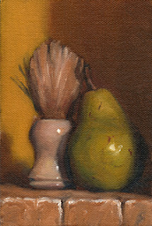 Oil painting of a white shaving brush beside a green pear.