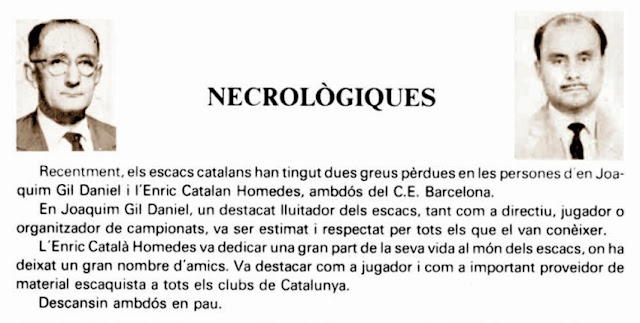 Necrológica de los ajedrecistas Joaquim Gil Daniel y Enric Catalán Homedes