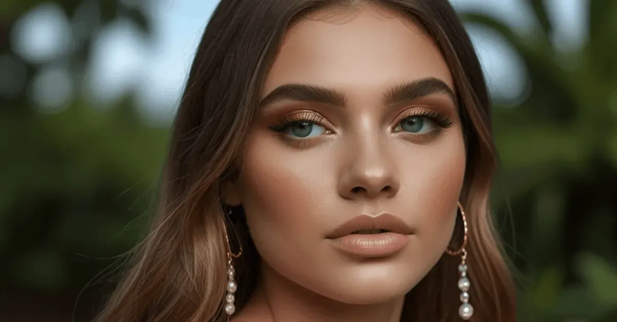 a woman with long brown hair and makeup