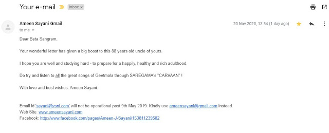 Mail from Ameen Sayani sir for Geetmala