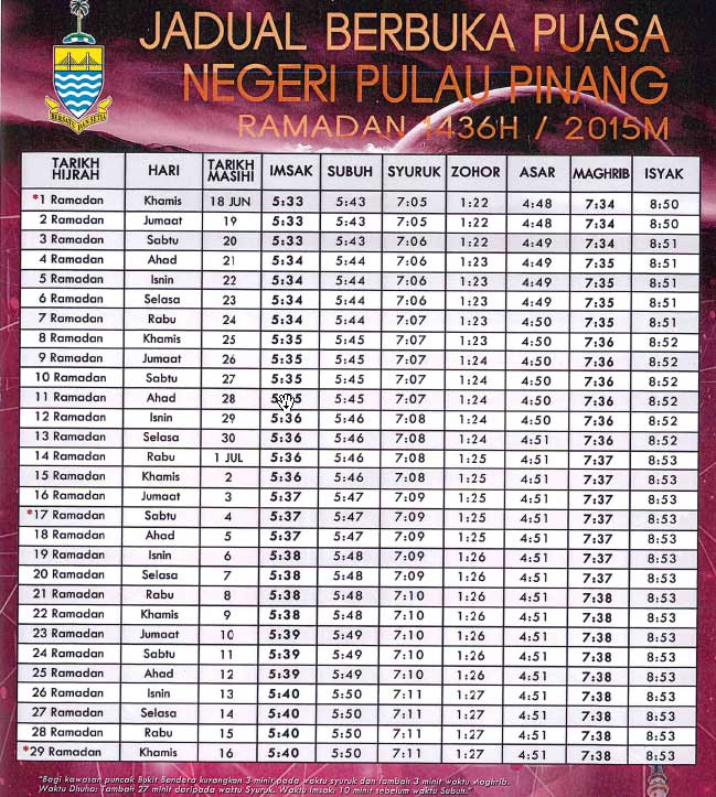 Pulau Pinang Jadual Waktu Berbuka Puasa Dan Imsak 2015 ...