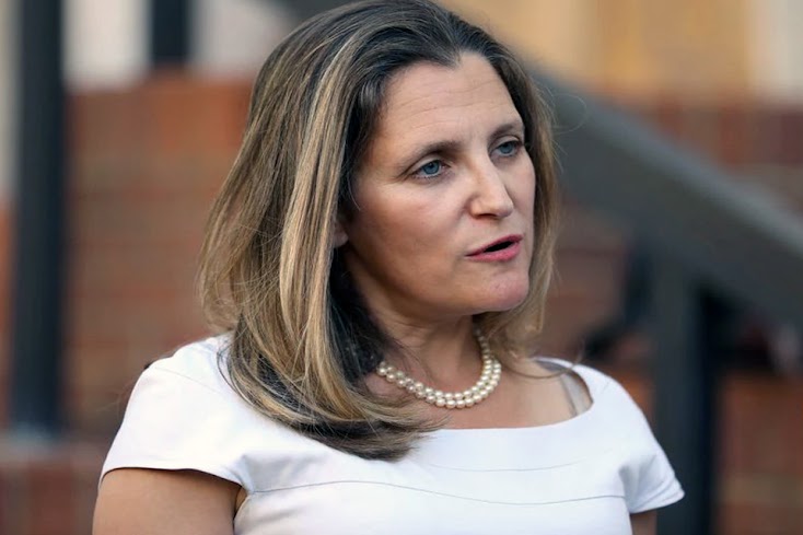 Canadian Foreign Minister Chrystia Freeland speaks to journalists outside the office of the United States Trade Representative in Washington, D.C., on August 28, 2018.