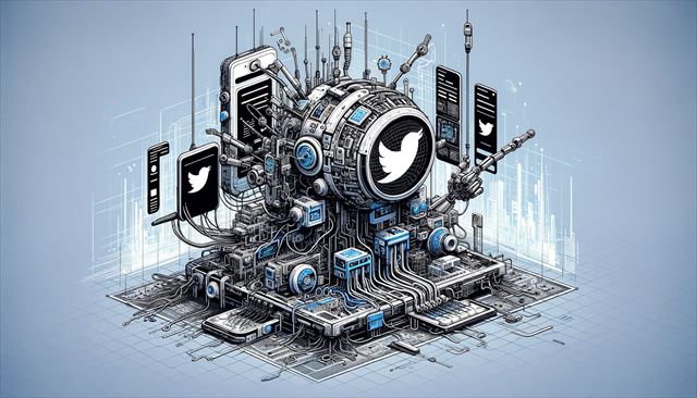 A technical art illustration in a wide format, depicting a futuristic, complex machine designed to automatically operate a malfunctioning Twitter. The bot is equipped with numerous wires, circuits, and screens, displaying parts of the Twitter interface and logo in a broken state. In the background, a digitized cityscape suggests technological advancement. This image represents the fusion of technology and creativity, showcasing an intricate and innovative design.