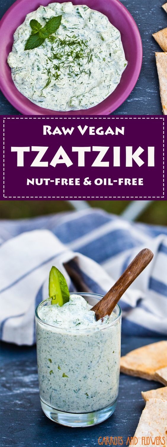 Creamy raw vegan tzatziki that's completely nut-free and oil-free. Packed with fresh herbs and tons of favor, this is a must try! Perfect on Portobello Gyros or as a spread.