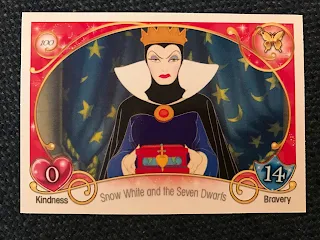 Card 100 showing the Evil Queen from Disney's Snow White and the Seven Dwarfs with a Kindness Rating of 0 and Bravery Rating of 14