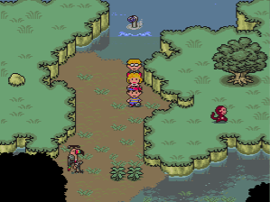 The party arrives at Deep Darkness, a spooky outdoor area in EarthBound.