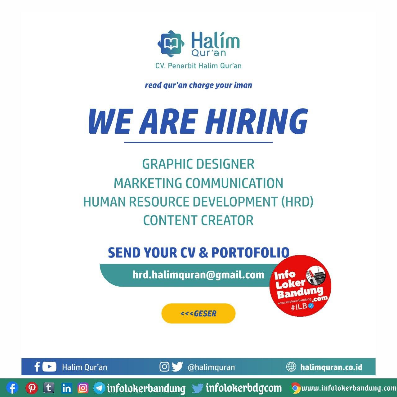 Lowongan Kerja CV. Penerbit Halim Quran Bandung Oktober 2020