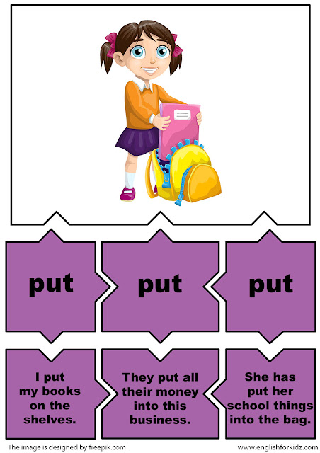 esl irregular verbs puzzle flashcards, verb put