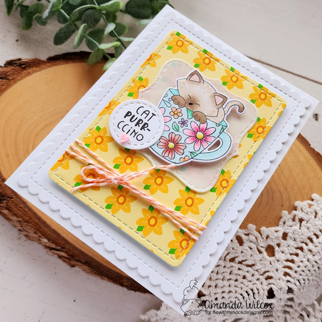 Cat Purr-ccino Card by Amanda Wilcox | Newton's Mug Stamp Set, Floral Roundabout Stamp Set, Frames & Flags Die Set and Frames Squared Die Set by Newton's Nook Designs #newtonsnook #handmade