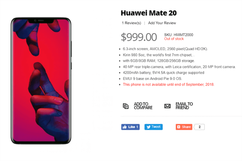 Huawei Mate 20 specs and price leaked!