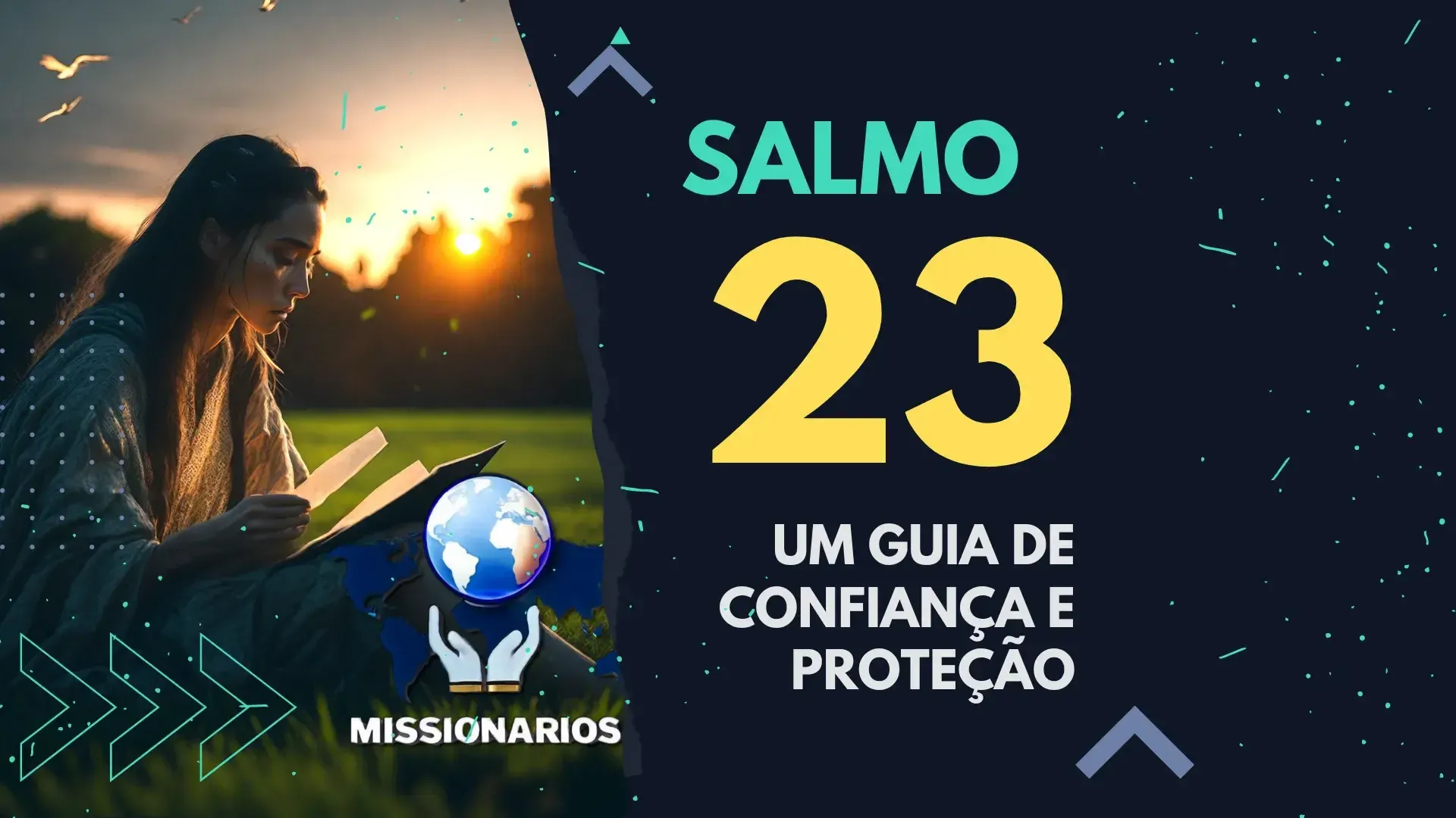 A imagem mostra uma jovem sentada na grama, lendo o livro dos salmos. E a capa do estudo bíblico - Salmo 23: Um Guia de Confiança e Proteção