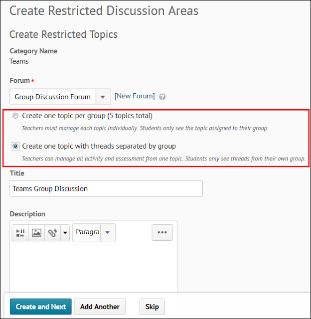 screenshot of the new group topic options in the Groups area