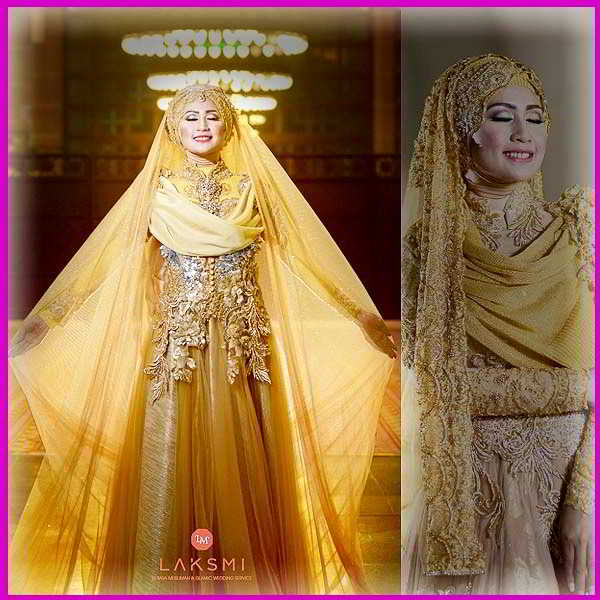 23 model kebaya pengantin muslim warna gold dan putih 
