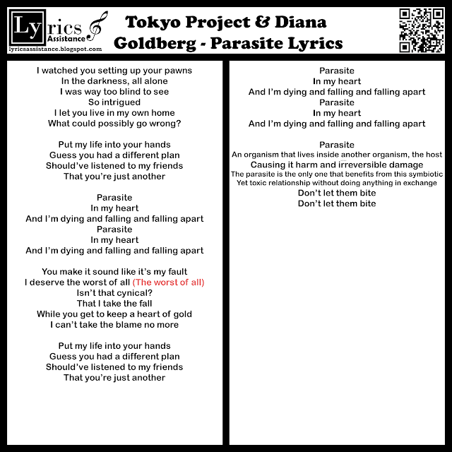 Tokyo Project & Diana Goldberg - Parasite Lyrics | lyricsassistance.blogspot.com