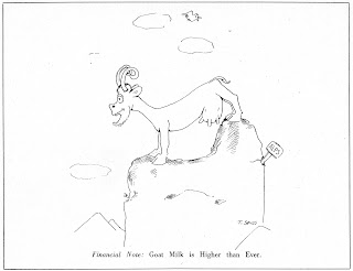 a cartoon of a goat perched on a rock, captioned "Financial News: Goat Milk is Higher than Ever."