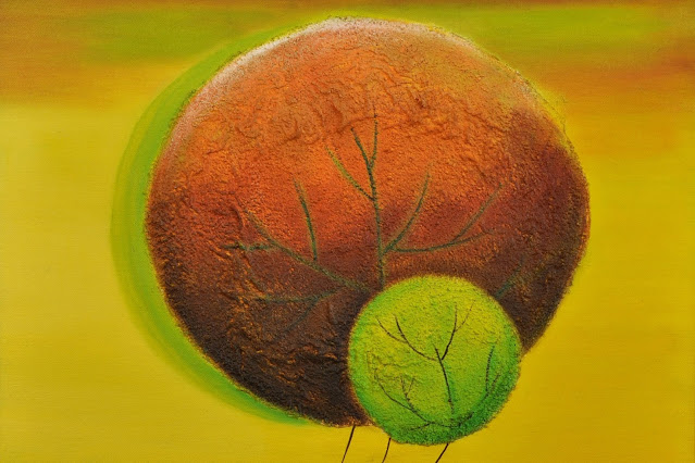 Painting of two circles brown and green with texture