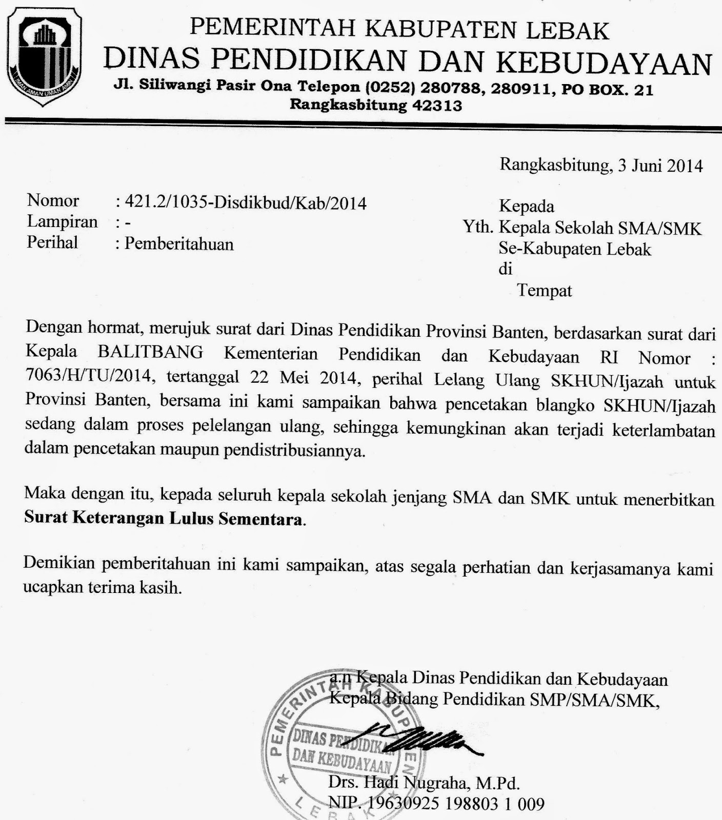 Dikmen Disdikbud Surat Pemberitahuan Keterlambatan Skhun Dan Ijazah