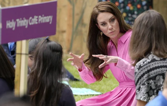 Princess of Wales wore a sugar pink bubblegum colour block silk shirt dress by ME+EM. Catherine Zoraida Fern gold leaf earrings