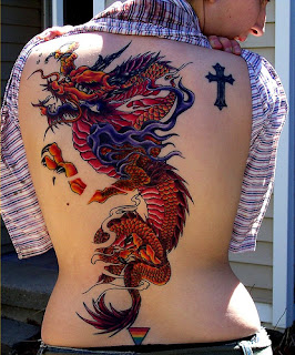 Full Color Dragon and Cross Tattoo Design on Back Body