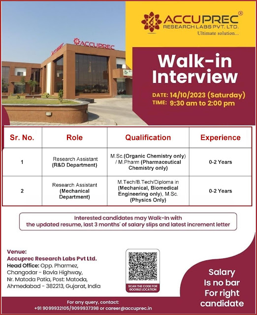 Accuprec Research Lab Walk In Interview For MSc Organic/ Physics/ M Pharm( Pharm Chemistry / MTech/ BTech/ Diploma (Mechanical/ Biomedical/ Engineering)