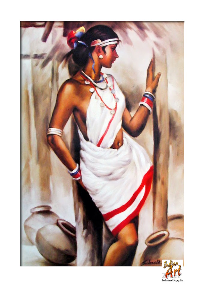 DARK INDIAN BEAUTY PAINTING WORK OF INDIAN TRIBAL GIRL NICE AND BEST ART