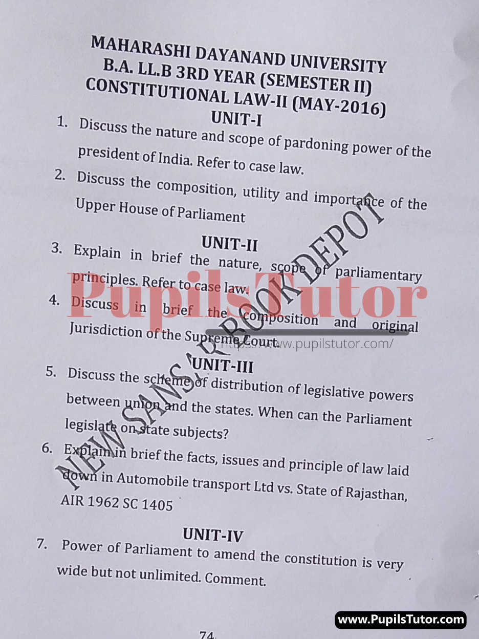 MDU (Maharshi Dayanand University, Rohtak Haryana) LLB Regular Exam (Hons.) Second Semester Previous Year Constitutional Law - II Question Paper For May, 2016 Exam (Question Paper Page 1) - pupilstutor.com
