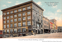 Colorized postcard, 'East on Market Street, from Main Street, Akron, Ohio.' Second National Bank Building, undated. Retrieved 2023 from Akron Postcards.