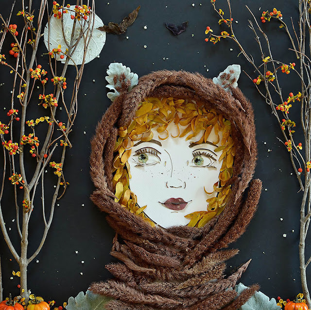 intricate portraits made from twigs and flowers