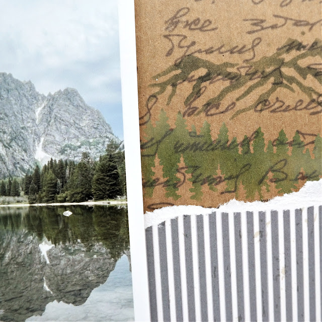 Mountain Time Grand Teton Vacation Scrapbook Layout with Stenciled Mountains and Trees Background, Die-Cut Pocket Watch, and Wood Letter Tile Title.