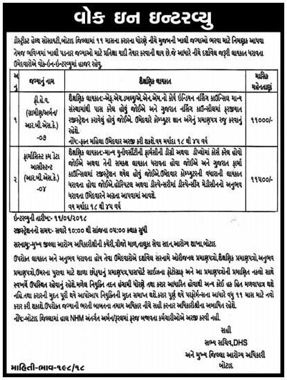 District Health Society, Botad Recruitment for FHW & Pharmacist cum Data Assistant Posts 2018