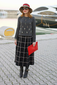 rhinestones sweatshirt, grey Icone ankle boots, check midi skirt, red clutch, Fashion and Cookies, fashion blogger