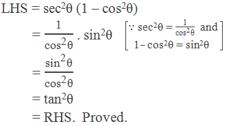 LHS = sec2θ (1 – cos2θ)          = "1" /(〖"cos" 〗^"2"  "θ" ) . sin2θ	[∵ sec2θ = "1" /(〖"cos" 〗^"2"  "θ" )  and 1 – cos2θ = sin2θ]          = (〖"sin" 〗^"2"  "θ" )/(〖"cos" 〗^"2"  "θ" )                          = tan2θ          = RHS.  Proved.