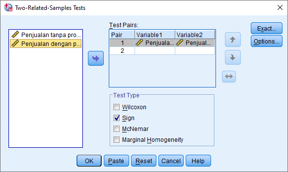 Kotak dialog Two Related Samples