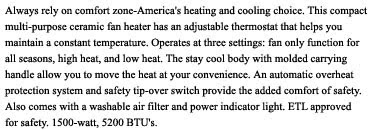 Comfort Zone CZ441 Ceramic Heater Description Images